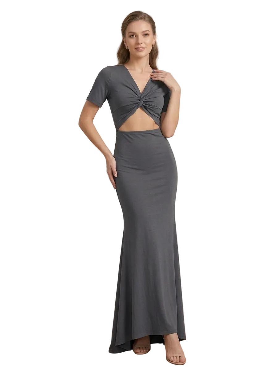 Evelyn Twist-Front Maxi Gown with Midriff Cutout - Charcoal Grey