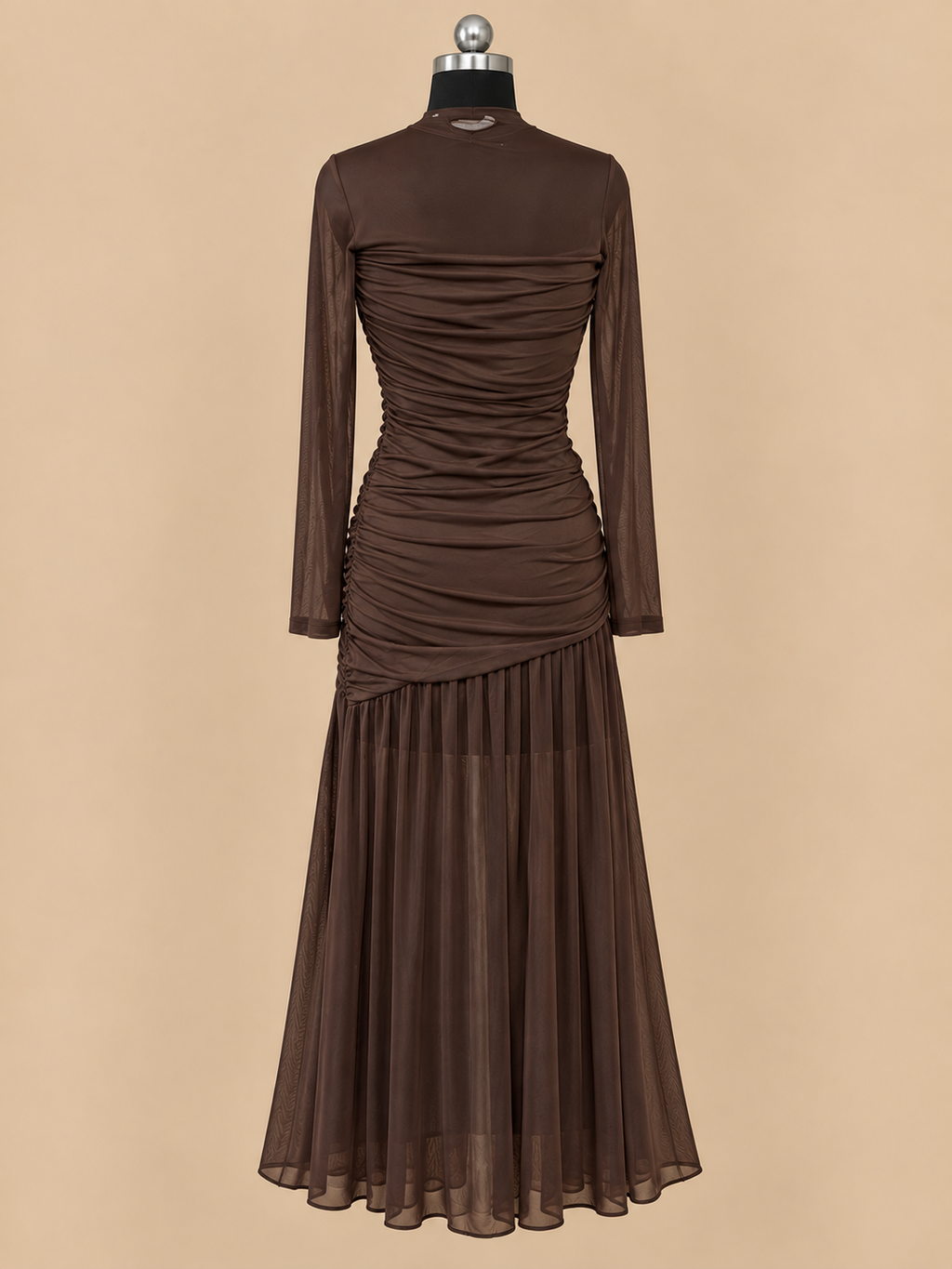 Brown Mesh Ruched Midi Dress