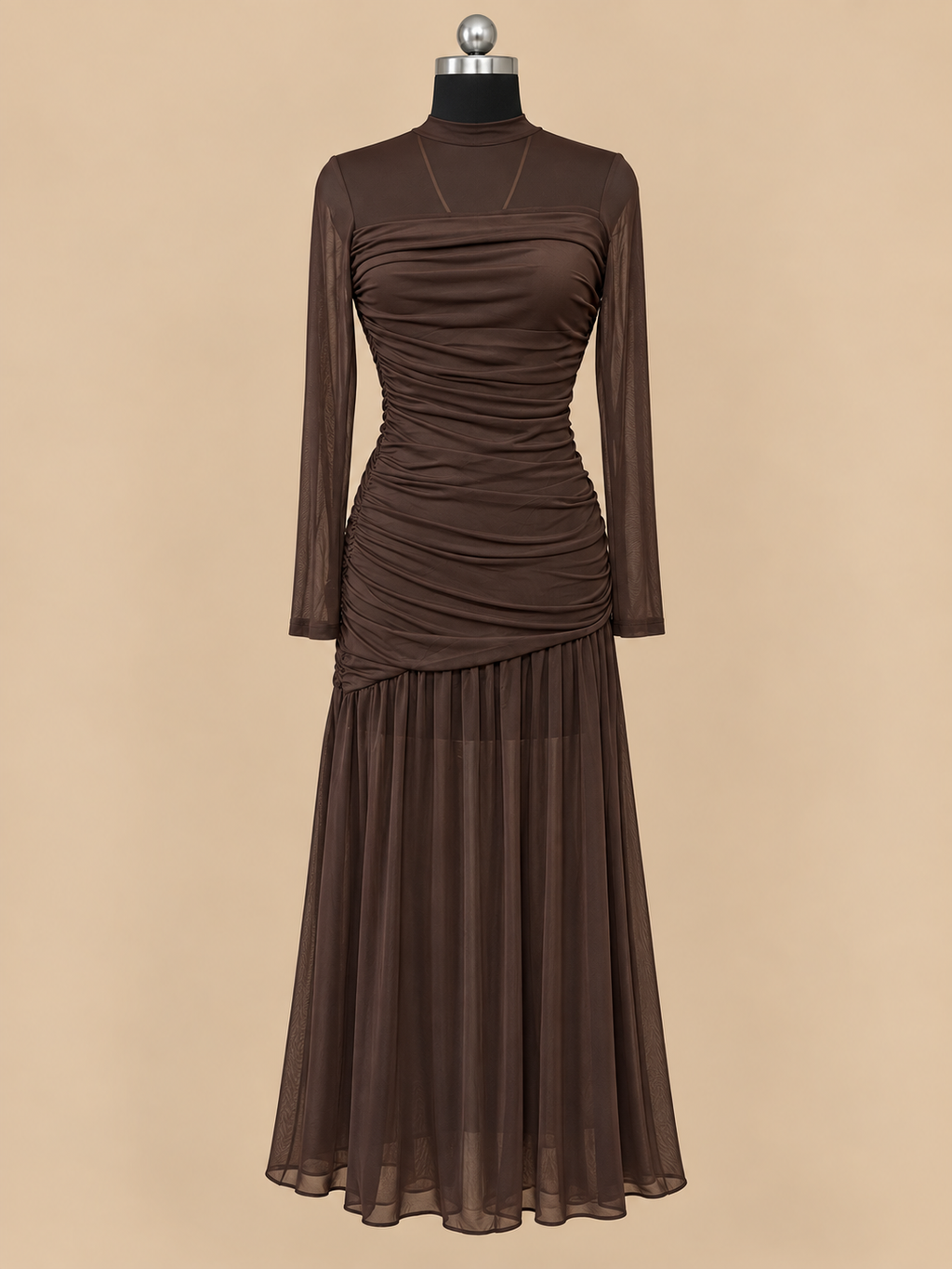 Brown Mesh Ruched Midi Dress