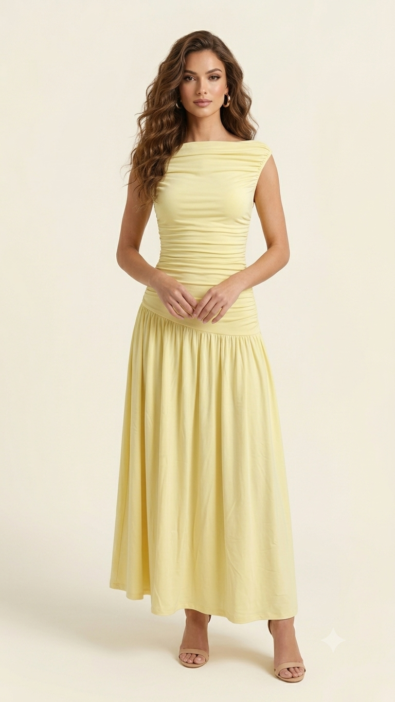 Greek Goddess Draped Jersey Maxi Dress in Beige